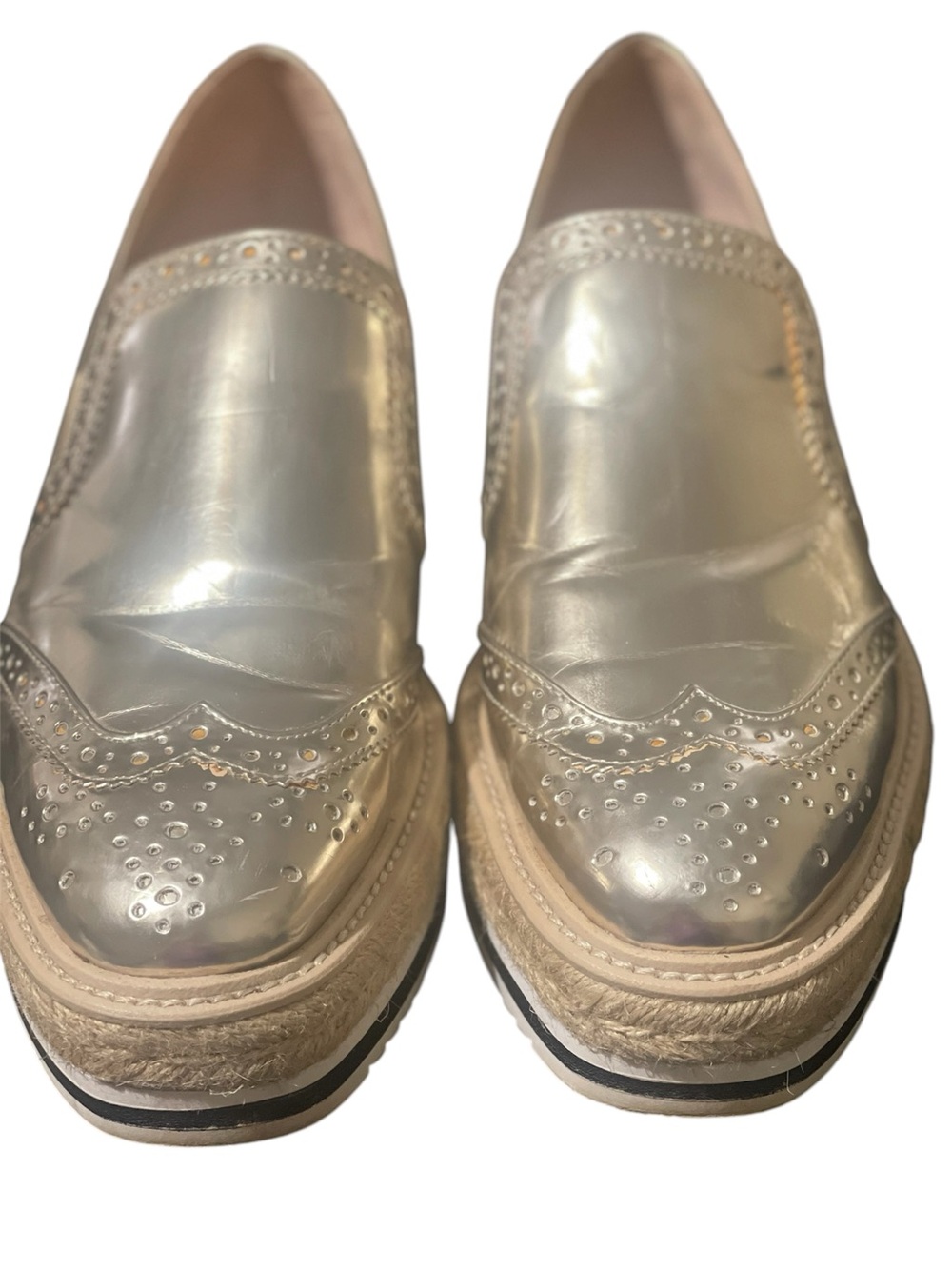 Silver Metallic Brogue-Style Platform Loafers for Women